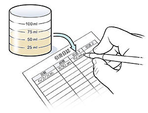 在日誌中記下液體測量資訊的手的特寫。