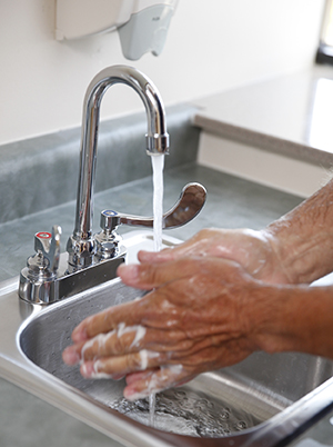 Closeup of hands washing with soap and water in sink.