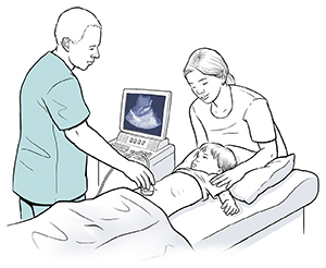 Child lying on exam table. Healthcare provider is holding ultrasound transducer to child's lower abdomen. Woman standing nearby.