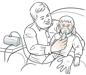 Man holding toddler on lap and helping the child breathe through nebulizer mask.