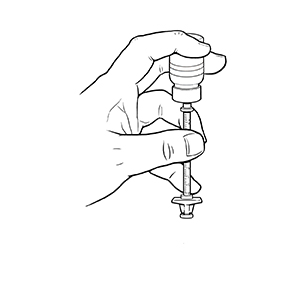 Hand holding syringe and vial. Syringe is underneath vial with plunger pushed in.